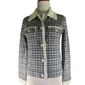 Talbots Women's Tweed Jacket Collared Blue‎ Black White Buttons - Size XS